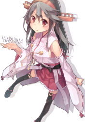 Rule 34 | 10s, 1girl, bad id, bad pixiv id, black hair, brown eyes, character name, detached sleeves, hairband, haruna (kancolle), highres, hip vent, japanese clothes, kantai collection, long hair, nontraditional miko, saraki, simple background, solo, standing, thighhighs
