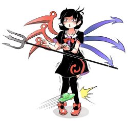 Rule 34 | 1girl, asymmetrical wings, black dress, black hair, black socks, black wristband, bow, center frills, collarbone, commentary request, dress, footwear bow, frills, highres, houjuu nue, kneehighs, motion lines, open mouth, pain, peroponesosu., polearm, red bow, red eyes, red footwear, red neckwear, short hair, short sleeves, simple background, socks, solo, tears, touhou, trident, ufo, weapon, white background, wings