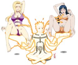 Rule 34 | 1boy, 2girls, bare shoulders, barefoot, bikini, black hair, blonde hair, blush, breasts, brown eyes, cameltoe, carrying, cleavage, extra arms, facial mark, feet, tickling feet, frills, hyuuga hinata, pussy, large breasts, long hair, multiple girls, naruto, naruto (series), navel, one-piece swimsuit, orange eyes, short hair, smile, soles, spiked hair, spread legs, swimsuit, thighs, tickling, toes, tsunade (naruto), uzumaki naruto, uzumaki naruto (kyuubi chakra mode), white eyes