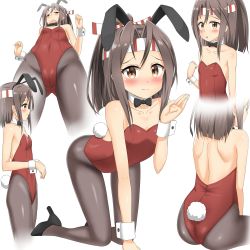 Rule 34 | 10s, 1girl, :o, all fours, alternate costume, animal ears, arm support, ass, back, bare shoulders, black bow, black bowtie, black footwear, blush, bow, bowtie, breasts, brown eyes, brown hair, cameltoe, closed mouth, collarbone, detached collar, fake animal ears, female focus, foreshortening, from behind, full body, grey pantyhose, hairband, headband, high heels, kantai collection, leotard, multiple views, nedia (nedia region), open mouth, pantyhose, playboy bunny, ponytail, profile, rabbit ears, shoes, sidelocks, sitting, small breasts, smile, standing, strapless, strapless leotard, white background, wrist cuffs, zuihou (kancolle)