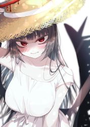 Rule 34 | 1girl, black hair, blue archive, blunt bangs, blush, breasts, closed mouth, collarbone, demon wings, dress, halo, hat, highres, large breasts, long hair, looking at viewer, matsuda hikari, red eyes, solo, straw hat, sun hat, sundress, sweat, tsurugi (blue archive), very long hair, wavy mouth, white dress, wings