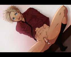 Rule 34 | 1boy, abs, against wall, arms behind back, axis powers hetalia, blonde hair, blue eyes, blush, bottomless, censored, denmark (hetalia), flaccid, gradient background, male focus, muscular, necktie, open mouth, penis, pubic hair, red shirt, shirt, smile, socks, solo, spread legs, squatting