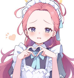 Rule 34 | 1girl, blue archive, blush, halo, heart, heart hands, highres, long hair, looking at viewer, maid, maid headdress, mola mola, official alternate costume, purple eyes, red hair, simple background, solo, upper body, white background, yuzu (blue archive), yuzu (maid) (blue archive)
