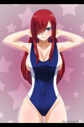 Rule 34 | 1girl, absurdres, blush, breasts, cleavage, cowboy shot, erza scarlet, fairy tail, gaston18, hair over one eye, highres, large breasts, leotard, long hair, one-piece swimsuit, red hair, sideboob, smile, solo, standing, swimsuit
