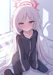Rule 34 | blue archive, blush, closed mouth, full body, grey hair, halo, highres, long hair, looking at viewer, mutsuki (blue archive), purple eyes, red halo, smile, wide sleeves, xeneca
