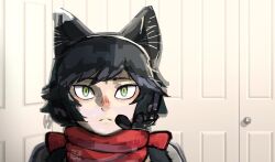 Rule 34 | 1girl, animal ears, black hair, cat ears, cat girl, commentary, dungeon meshi, english commentary, headset, highres, indoors, izutsumi, light frown, looking at viewer, meme, parody, red scarf, sad linus (meme), scarf, short hair, sitting, solo, straight-on, upper body, yellow eyes, zela kantal