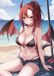 Rule 34 | 1girl, absurdres, bare shoulders, beach, bikini, black bikini, black nails, blue sky, blush, borrowed character, bracelet, breasts, cleavage, closed mouth, cloud, commentary request, commission, day, dragon girl, dragon horns, dragon tail, dragon wings, expressionless, facial mark, guri (gri1211), halterneck, highres, horizon, horns, jewelry, large breasts, long hair, looking at viewer, navel piercing, ocean, open fly, orange eyes, original, piercing, ponytail, red hair, short shorts, shorts, sitting, skeb commission, sky, solo, stomach, swimsuit, tail, wings