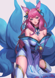 Rule 34 | 1girl, ahri (league of legends), animal ear fluff, animal ears, bare shoulders, bell, black footwear, blue eyes, blue hair, breasts, cleavage, closed mouth, facial mark, fox ears, fox tail, grey background, hair bell, hair ornament, highres, japanese clothes, kitsune, league of legends, long hair, makeup, multicolored hair, multiple tails, phamoz, pink hair, shiny skin, simple background, sleeves past fingers, sleeves past wrists, slit pupils, smile, solo, spirit blossom ahri, tail, whisker markings, white legwear