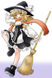 Rule 34 | 1girl, adapted costume, akou roushi, bamboo broom, blonde hair, blush, boots, braid, broom, curiosities of lotus asia, female focus, hat, highres, kirisame marisa, long hair, orange scarf, ribbed sweater, scarf, smile, solo, sweater, touhou, witch hat, yellow eyes