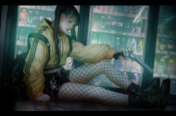 Rule 34 | 1girl, backpack, bag, black footwear, black hair, black shorts, boots, bottle, cola, commentary, crop top, cross, cross earrings, doc martens, drawstring, dutch angle, earrings, finger on trigger, fishnet pantyhose, fishnets, full body, green eyes, gun, handgun, highres, holding, holding gun, holding weapon, hood, hood down, hoodie, indoors, jewelry, knee up, left-handed, letterboxed, lips, long hair, long sleeves, looking away, making-of available, on floor, original, pantyhose, puffy sleeves, realistic, refrigerator, revolver, shal.e, shop, short shorts, shorts, sitting, soda bottle, solo, strap slip, striped sleeves, twintails, wallet chain, watermark, weapon, yellow hoodie
