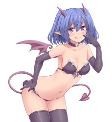 Rule 34 | 1girl, :q, amane hasuhito, bare shoulders, bent over, black gloves, black thighhighs, blue hair, blush, breasts, cleavage, collar, collarbone, cowboy shot, demon girl, demon horns, demon tail, demon wings, elbow gloves, gloves, hand on own hip, horns, leaning forward, looking at viewer, navel, original, pointy ears, purple eyes, short hair, sideboob, solo, tail, thighhighs, tongue, tongue out, v, white background, wings