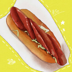 Rule 34 | absurdres, artist name, food, food focus, highres, hot dog, hot dog bun, meat, napkin, no humans, original, star (symbol), takisou sou