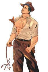 Rule 34 | 1boy, abs, alternate costume, baggy pants, bara, bare pectorals, black eyes, black hair, cowboy hat, cowboy western, facial hair, feet out of frame, goatee stubble, golden kamuy, green (grimy), hat, head tilt, highres, holding, holding leash, kikuta mokutaro, large pectorals, leash, looking at viewer, male focus, mature male, muscular, muscular male, mustache stubble, nipples, pants, pectorals, rope, scar, scar on face, scar on forehead, short hair, solo, stubble, thick eyebrows