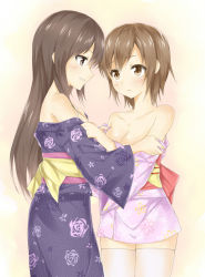 Rule 34 | 2girls, arm grab, bare shoulders, blush, breasts, brown eyes, brown hair, cleavage, clothes pull, collarbone, couple, cowboy shot, eye contact, female focus, floral print, flower, from side, grin, hair between eyes, heirou, hug, japanese clothes, kimono, kimono pull, legs, long hair, long sleeves, looking at another, medium breasts, multiple girls, naughty face, neck, obi, off shoulder, original, parted lips, pink kimono, print kimono, purple kimono, rose, sash, shiny skin, short hair, short kimono, short yukata, shy, simple background, smile, standing, straight hair, teeth, thighhighs, undressing, white legwear, wide sleeves, yukata, yuri, zettai ryouiki