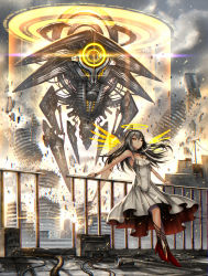 Rule 34 | 1girl, cable, cityscape, cloud, cloudy sky, commentary request, destruction, dress, explosion, gia, glowing, glowing halo, grey hair, halo, high heels, highres, leaning back, long hair, looking afar, mecha, original, railing, red eyes, robot, scp-2000, scp foundation, sky, solo, white dress, wings