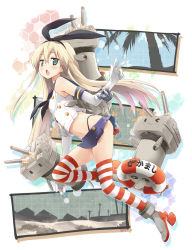 Rule 34 | 10s, 1girl, anchor, black panties, blonde hair, blush, boots, elbow gloves, eretto, gloves, grey footwear, hair ornament, hairband, highleg, highleg panties, kantai collection, lifebuoy, long hair, looking at viewer, microskirt, navel, open mouth, panties, personification, rensouhou-chan, shimakaze (kancolle), skirt, solo, striped clothes, striped thighhighs, swim ring, thighhighs, underwear, white gloves