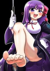 Rule 34 | 1girl, :d, ass, barefoot, bb (fate), bb (fate/extra), black background, black thighhighs, blush, breasts, fate/extra, fate/extra ccc, fate (series), foot focus, gloves, hair ribbon, half-closed eye, hand on own hip, heart, highres, leg up, long hair, looking at viewer, medium breasts, open mouth, purple eyes, purple hair, ribbon, simple background, smile, solo, thighhighs, toe-point, white gloves, yuzu gin (pika97)
