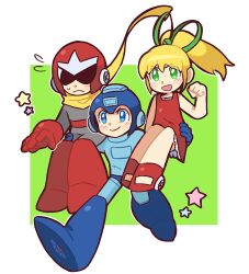 Rule 34 | 1girl, 2boys, android, blonde hair, blue eyes, brother and sister, brothers, carrying, commentary, dress, english text, green eyes, helmet, highres, koafreedraw, mega man (character), mega man (classic), mega man (series), multiple boys, proto man, roll (mega man), running, scarf, shoulder carry, siblings, smile, yellow scarf