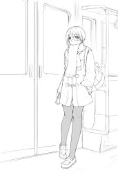 Rule 34 | 1girl, bad id, bad pixiv id, cellphone, coat, copyright request, glasses, greyscale, monochrome, ooji, pantyhose, phone, scarf, short hair, solo, standing, train, train interior