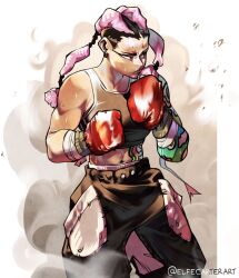 Rule 34 | 1girl, absurdres, alternate hairstyle, armband, band, black eyes, black hair, black pants, boxing, boxing gloves, commentary, dust, earrings, elfecarterr, english commentary, fighting stance, highres, jewelry, long hair, muscular, muscular female, navel, original, pants, pink hair, simple background, solo, sweat, tattoo, white background
