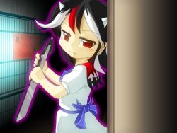 Rule 34 | 1girl, arrow (symbol), black hair, bow, bowtie, contemporary, electric wind instrument, glowing, horns, instrument, kijin seija, multicolored hair, outline, red eyes, red hair, sash, smirk, solo, streaked hair, touhou, white hair, winn