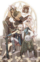 Rule 34 | 2boys, 2girls, dress, emil (nier), eyepatch, father and daughter, flower, grimoire weiss, hair flower, hair ornament, hand on another&#039;s head, highres, image sample, kaine (nier), manreeree, mask, multiple boys, multiple girls, nier, nier (character), nier (old), nier (series), no. 7 (nier), scarf, silver hair, sitting, square enix, sword, weapon, yonah