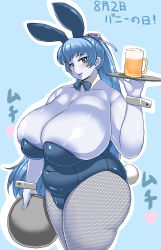 Rule 34 | 1girl, absurdres, aoi (gegege no kitarou), astraea13, blue eyes, blue hair, blue skin, blush, breasts, cleavage, colored skin, covered navel, fat, gegege no kitarou, hair ribbon, highres, huge breasts, long hair, looking at viewer, matching hair/eyes, open mouth, ponytail, ribbon, simple background, smile, solo, thick thighs, thighs, wide hips, yuki onna