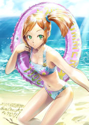 Rule 34 | 1girl, bad id, bad pixiv id, beach, bikini, breasts, buttons, cleavage, cloud, day, english text, green eyes, hair ornament, hairclip, iceojin, innertube, medium breasts, navel, ocean, orange hair, original, outdoors, ponytail, side ponytail, sky, solo, swim ring, swimsuit, water, wet