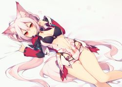 Rule 34 | 1girl, ahoge, animal ear fluff, animal ears, bad id, bad pixiv id, bed sheet, bikini, bikini top only, blush, breasts, choker, cleavage, commentary request, fox ears, fox tail, heart, innocent cluster, jewelry, kemonomimi mode, long hair, looking at viewer, lying, matoi (pso2), muryotaro, navel, on back, pendant, phantasy star, phantasy star online 2, red eyes, sheet grab, silver hair, solo, swimsuit, tail, twintails, unzipped, very long hair