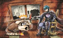 Rule 34 | 3boys, armor, black gloves, blue hair, byleth (fire emblem), byleth (male) (fire emblem), cape, chair, cranky kong, donkey kong, donkey kong (series), donkey kong 64, donkey kong country, fire emblem, fire emblem: three houses, gloves, heroes relic (fire emblem), holding, holding sword, holding weapon, kicdon, multiple boys, necktie, nintendo, open mouth, rocking chair, silhouette, sitting, squatting, super smash bros., sword, sword of the creator, weapon, wide-eyed, window