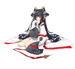 Rule 34 | 1girl, absurdres, black hair, blush, closed mouth, copyright request, guangsupaomian, hair ornament, highres, long hair, long sleeves, looking at viewer, red eyes, sitting, sleeves past fingers, sleeves past wrists, smile, very long hair, wariza