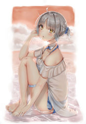 Rule 34 | 1girl, ahoge, bare legs, barefoot, beach, bikini, blue bikini, blush, commentary, day, frills, from side, grey hair, hair ornament, hair scrunchie, hand in own hair, hand up, highres, knees up, looking at viewer, ocean, open mouth, original, outdoors, plaid, ponytail, reinama, scrunchie, see-through, sidelocks, sitting, solo, swimsuit, thigh strap, tsurime, yellow eyes