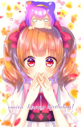 Rule 34 | 2girls, aisaki emiru, blush, bow, brown hair, brown hairband, chibi, chibi on head, closed mouth, commentary, cone hair bun, covered mouth, dress, floral background, hair between eyes, hair bow, hair bun, hairband, hands up, heart, highres, hugtto! precure, interlocked fingers, looking at viewer, multiple girls, o o, on head, own hands together, precure, puffy short sleeves, puffy sleeves, purple hair, red bow, red eyes, ruru amour, short sleeves, signature, smile, twintails, upper body, white background, white dress, xx momomo xx