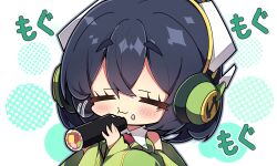 Rule 34 | 1girl, :t, bare shoulders, chibi, closed mouth, collared shirt, commentary request, detached sleeves, diagonal stripes, eating, ehoumaki, food, food on face, green jacket, green sleeves, hair between eyes, headphones, highres, holding, holding food, jacket, kyoumachi seika, long sleeves, makizushi, milkpanda, necktie, polka dot, red necktie, shirt, simple background, sleeveless, sleeveless jacket, sleeves past wrists, solo, striped, sushi, thick eyebrows, upper body, voiceroid, wavy mouth, white background, white shirt, wide sleeves