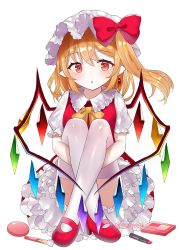 Rule 34 | 1girl, blonde hair, blush, bow, bowtie, commentary, compact (cosmetics), cosmetics, crossed legs, drop earrings, earrings, flandre scarlet, gem, hat, hat ribbon, high heels, hugging own legs, jewelry, lipstick tube, looking at viewer, makeup, makeup brush, mary janes, mob cap, petticoat, pointy ears, puffy short sleeves, puffy sleeves, red eyes, red footwear, red gemstone, red skirt, red vest, ribbon, sakizaki saki-p, shirt, shoes, short hair, short sleeves, side ponytail, simple background, single earring, sitting, skirt, solo, thighhighs, touhou, triangle mouth, twitter username, vest, white background, white hat, white shirt, white thighhighs, wings, yellow bow, yellow bowtie