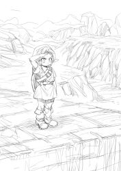 Rule 34 | 1boy, aoki (fumomo), arm up, belt, child, collared shirt, full body, greyscale, hat, link, monochrome, nintendo, outdoors, pointy ears, salute, scenery, shield, shield on back, shirt, shoes, short hair, short sleeves, sketch, solo, standing, the legend of zelda, tunic