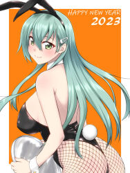 Rule 34 | 1girl, 2023, alternate costume, animal ears, aqua eyes, aqua hair, ass, back, black leotard, border, bow, bowtie, breasts, detached collar, fake animal ears, fake tail, fishnet pantyhose, fishnets, hair ornament, hairclip, highleg, highleg leotard, kantai collection, large breasts, leotard, long hair, looking at viewer, looking back, mikagami sou, orange background, pantyhose, playboy bunny, rabbit, rabbit ears, rabbit tail, solo, strapless, strapless leotard, suzuya (kancolle), tail, traditional bowtie, tray, upper body, white border, wrist cuffs