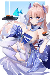 Rule 34 | 1girl, absurdres, berserker r, blue eyes, blunt bangs, blush, bow, bowtie, breasts, cleavage, detached collar, fish, food, frilled sleeves, frills, genshin impact, gloves, gradient hair, hair ornament, highres, holding, holding food, large breasts, looking at viewer, multicolored hair, navel, open clothes, pink hair, revealing clothes, sangonomiya kokomi, short eyebrows, short shorts, shorts, solo, sushi, thighhighs, thighs, two-tone hair, vision (genshin impact), water, water drop, white gloves, white shorts, white thighhighs, wide sleeves