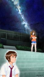 Rule 34 | 1boy, 1girl, aged down, arc light, artist name, blue shorts, blush, brown eyes, brown hair, casual, closed mouth, commentary request, crossed arms, dated, denim, denim shorts, hair ribbon, hairband, highres, kita high school uniform, kyon, long hair, necktie, night, night sky, orange shirt, outdoors, red necktie, ribbon, school uniform, shirt, short hair, short sleeves, shorts, sky, smile, solo, stairs, star (sky), starry sky, suzumiya haruhi, suzumiya haruhi (young), suzumiya haruhi no yuuutsu, twitter username, watermark, white shirt, yellow hairband, yellow ribbon