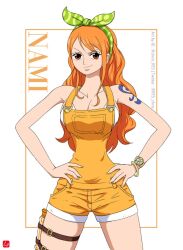 Rule 34 | 1girl, arm tattoo, bracelet, character name, chris re5, commentary, cowboy shot, english commentary, hairband, hand on own hip, instagram username, jewelry, log pose, long hair, looking at viewer, nami (one piece), one piece, orange eyes, orange hair, orange overalls, overalls, sidelocks, simple background, smile, solo, tattoo, twitter username, white background
