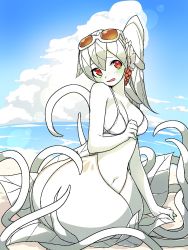 Rule 34 | 1girl, akira (meltyhip), alraune, bare arms, bare shoulders, beach, bikini, bikini top only, blue sky, blush, breasts, brown-tinted eyewear, cleavage, colored skin, day, earrings, embarrassed, eyewear on head, flower, hair flower, hair ornament, hand up, head tilt, highres, jewelry, large breasts, leaf, plant hair, looking at viewer, monster girl, navel, no legs, ocean, open mouth, original, outdoors, plant girl, red eyes, semi-rimless eyewear, side ponytail, sky, solo, sunglasses, swimsuit, tentacles, tinted eyewear, under-rim eyewear, white-framed eyewear, white bikini, white hair, white skin