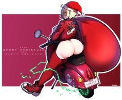 Rule 34 | 1girl, 2020, ahoge, ass, blonde hair, border, bottomless, breasts, chris (ginseng), christmas, ear piercing, ear tag, from behind, full body, ginseng (xin), happy holidays, hat, highres, holding, holding sack, jacket, large breasts, merry christmas, motor vehicle, original, outline, outside border, pale skin, piercing, red background, red footwear, red jacket, red thighhighs, riding, sack, santa hat, scooter, shoes, short hair, shortstack, sneakers, solo, sukajan, thick thighs, thighhighs, thighs, vespa, white border, white outline, yellow eyes