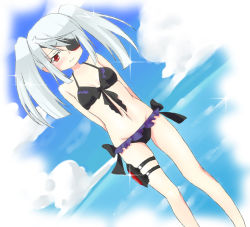 Rule 34 | 10s, 1girl, arms behind back, bikini, blush, eyepatch, female focus, front-tie top, gradient background, infinite stratos, laura bodewig, navel, ocean, outdoors, red eyes, silver hair, sky, solo, swimsuit, twintails