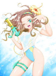 Rule 34 | &gt; o, 1girl, :d, aqua eyes, blue eyes, brown hair, competition swimsuit, covered navel, cowboy shot, fake nails, flower, gun, hair flower, hair ornament, hairband, highleg, highleg swimsuit, highres, holding, holding gun, holding weapon, hose, lolita majin, long hair, looking at viewer, one-piece swimsuit, one eye closed, open mouth, original, shirt, skin tight, smile, solo, standing, swimsuit, swimsuit under clothes, teeth, thigh strap, v, water gun, weapon, wet, white shirt