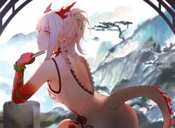 Rule 34 | 1girl, arknights, bandeau, bare shoulders, bracelet, breasts, dragon horns, dragon tail, earrings, highres, horns, jewelry, long hair, looking at viewer, mountain, multicolored hair, nian (arknights), open clothes, pinlin, pointy ears, purple eyes, shirt, sleeveless, sleeveless shirt, solo, strapless, streaked hair, tail, white hair