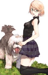 Rule 34 | 1girl, :d, animal, bare arms, black thighhighs, blonde hair, blue eyes, dog, glasses, grass, grey-framed eyewear, headpat, kneeling, looking to the side, miniskirt, ogros, on ground, open mouth, original, plaid, plaid skirt, purple skirt, ribbed sweater, shade, short hair, skirt, sleeveless, sleeveless turtleneck, smile, sweater, swept bangs, thighhighs, tongue, tongue out, turtleneck, white background