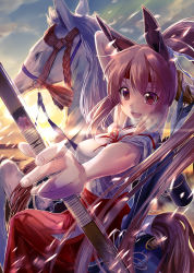 Rule 34 | 1girl, bow (weapon), holding, holding bow (weapon), holding weapon, horse, japanese clothes, kiryuu takahisa, long hair, miko, open mouth, original, outdoors, very long hair, weapon