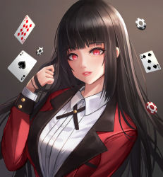 Rule 34 | 1girl, absurdres, black hair, breasts, card game, highres, jabami yumeko, jacket, kakegurui, long hair, looking at viewer, open mouth, parted lips, pink eyes, pink lips, poker chip, red jacket, rothy (user cezn8425), shirt, simple background, smile, solo, uniform, upper body, white shirt