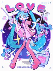 Rule 34 | 1girl, :d, artist name, blood, blood bag, blue eyes, blue hair, boots, chibi, chibi inset, commentary, dress, english text, full body, hand on own hip, hat, hatsune miku, holding, holding syringe, long hair, looking at viewer, nurse, nurse cap, open mouth, pause button, pink dress, pink footwear, play button, renzhi00334233, short sleeves, smile, solo, standing, symbol-only commentary, syringe, thermometer, thigh boots, twintails, vocaloid