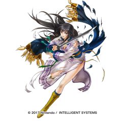 Rule 34 | 1girl, 2017, black eyes, black hair, boots, breasts, cleavage, company name, fire emblem, fire emblem: the blazing blade, fire emblem heroes, full body, injury, karla, kita senri, large breasts, long hair, nintendo, official art, ryona, sash, side slit, simple background, solo, sword, torn clothes, weapon, white background